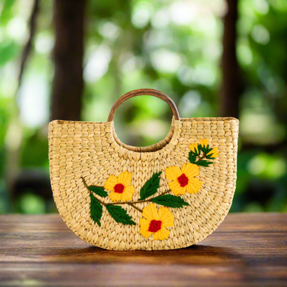 Seagrass, Water Hyacinth, Kauna Grass Embroidery Cane Hand Bag, U Bag, Beach Bag