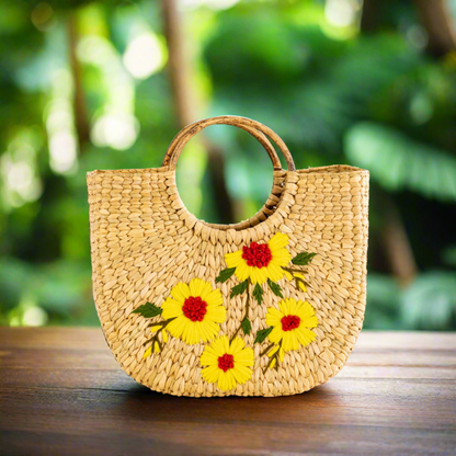 Seagrass, Water Hyacinth, Kauna Grass Embroidery Cane Hand Bag, U Bag, Beach Bag