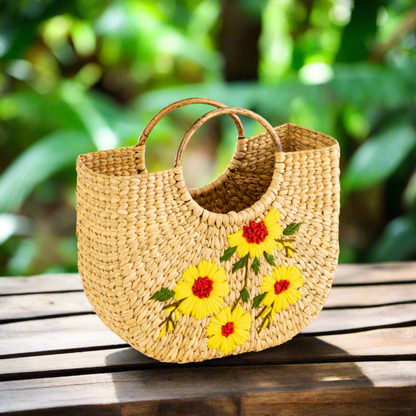 Seagrass, Water Hyacinth, Kauna Grass Embroidery Cane Hand Bag, U Bag, Beach Bag