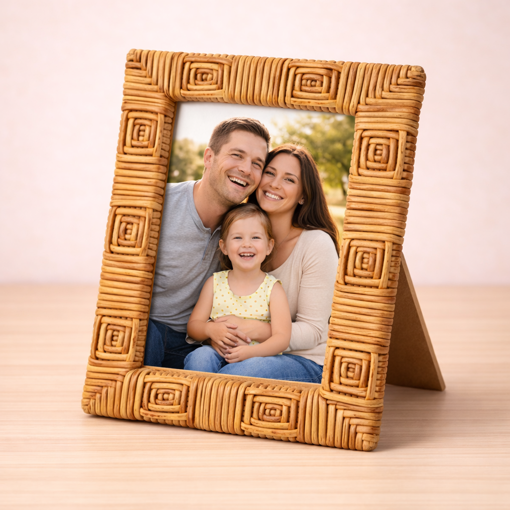 Handcrafted rattan photo frame display