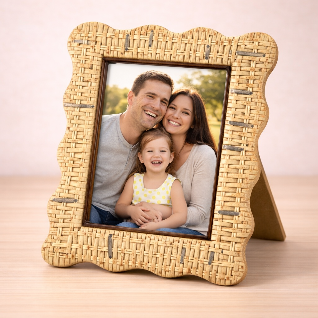 Woven wicker photo frame on wood