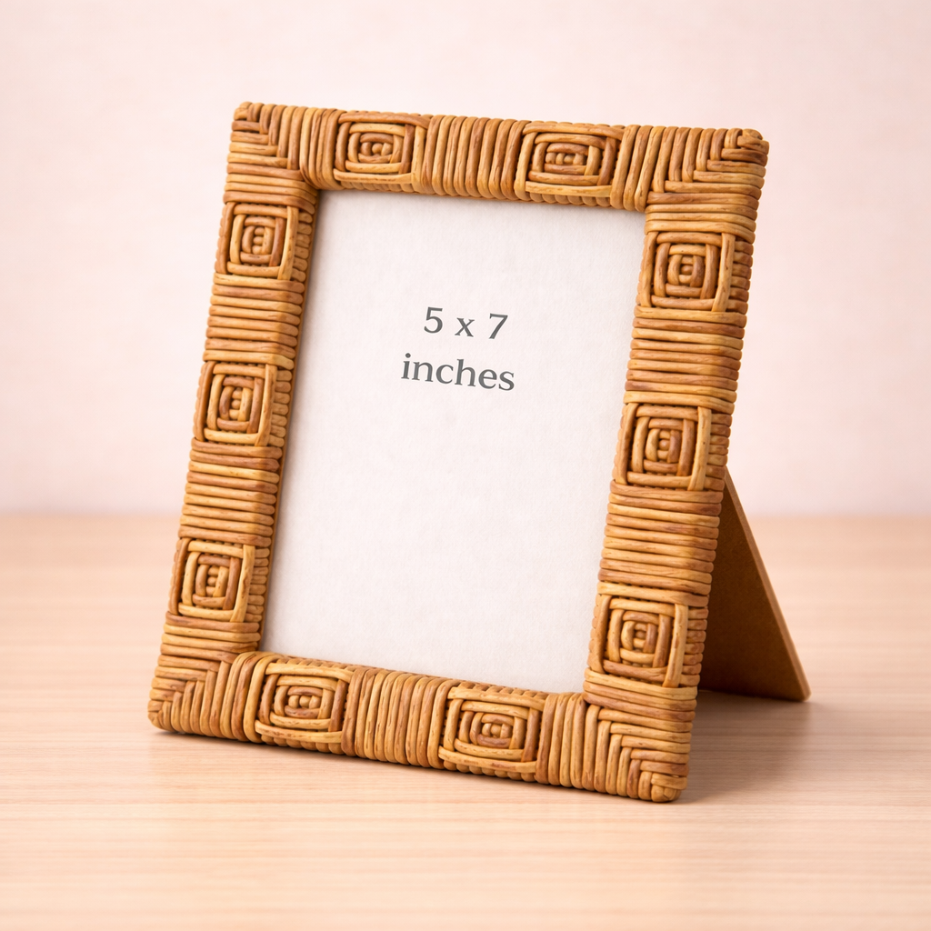 Handcrafted rattan photo frame display
