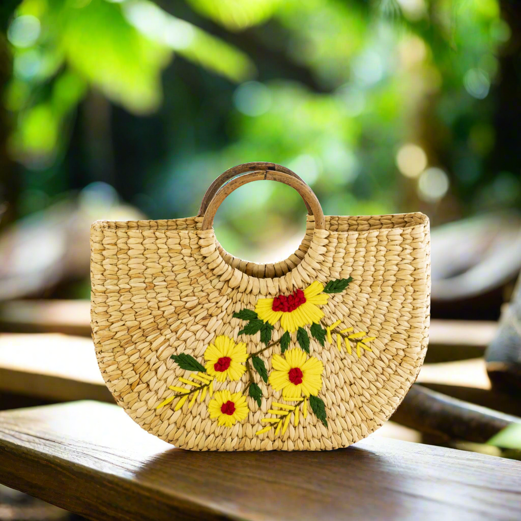 Seagrass, Water Hyacinth, Kauna Grass Embroidery Cane Hand Bag, U Bag, Beach Bag