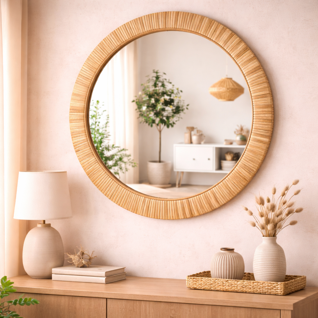 Round Cane Wall Mirror with MDF Frame