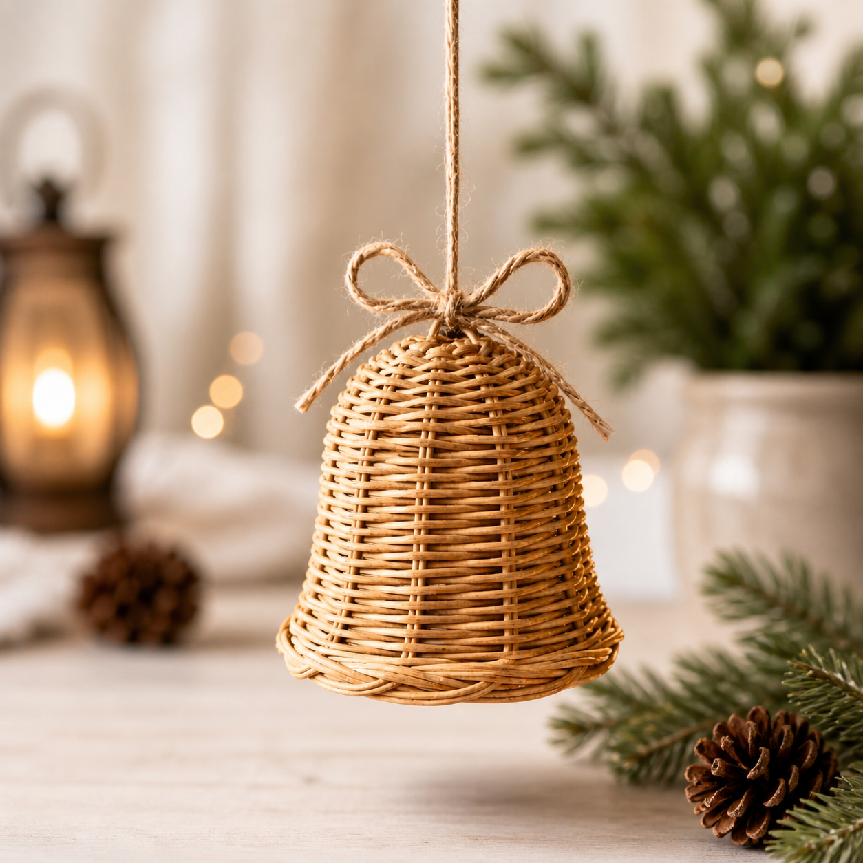 Handwoven Cane Christmas Bell Ornament