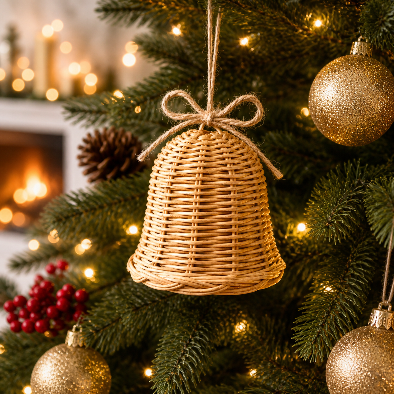 Handwoven Cane Christmas Bell Ornament