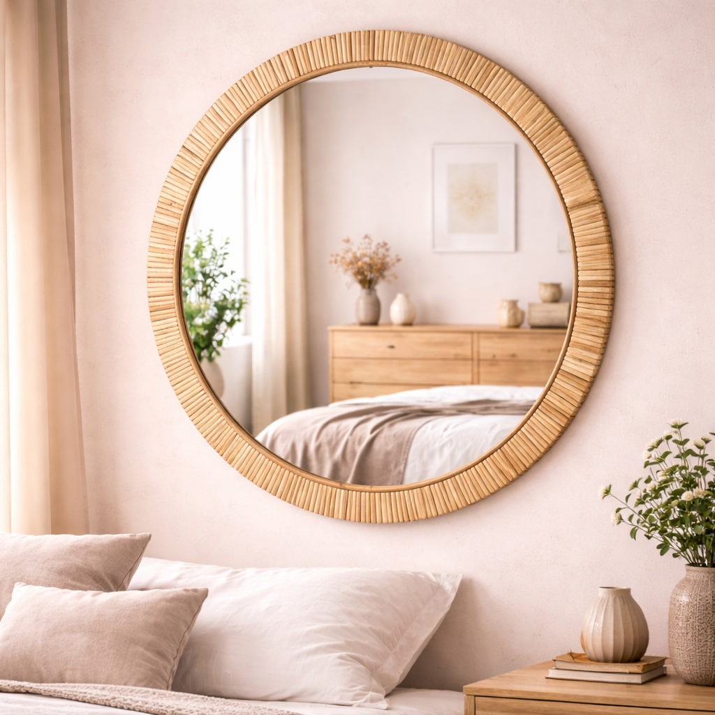 Round Handwoven Cane Wall Mirror for Luxury Interiors