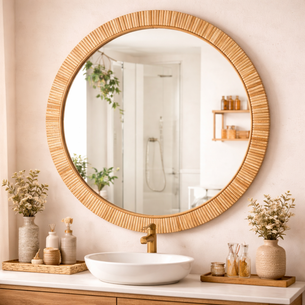 Round Handwoven Cane Wall Mirror for Luxury Interiors