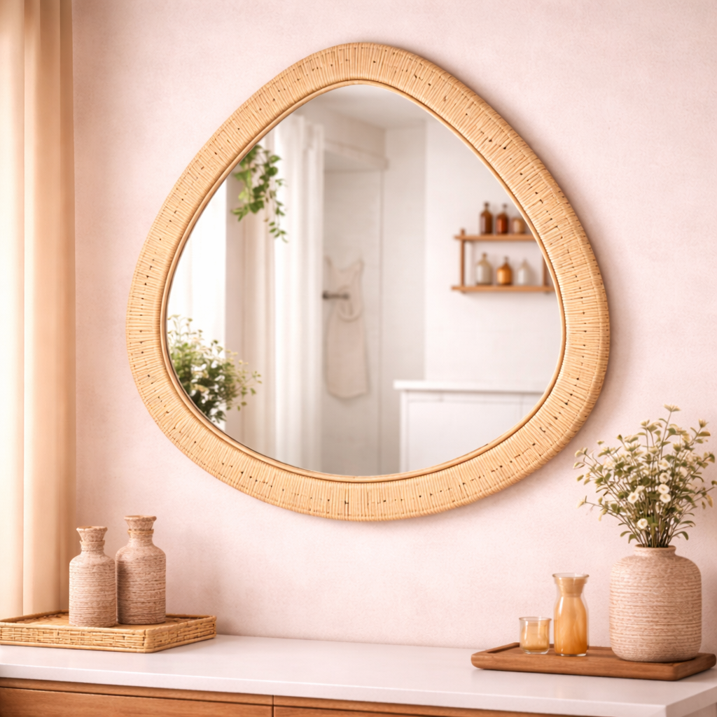 Wood Wall Mirror with Cane Rattan