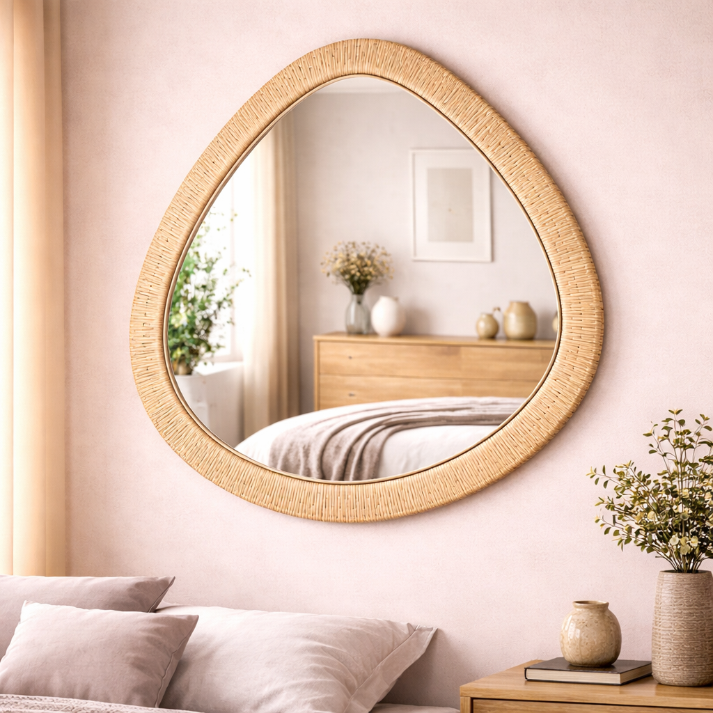 Wood Wall Mirror with Cane Rattan