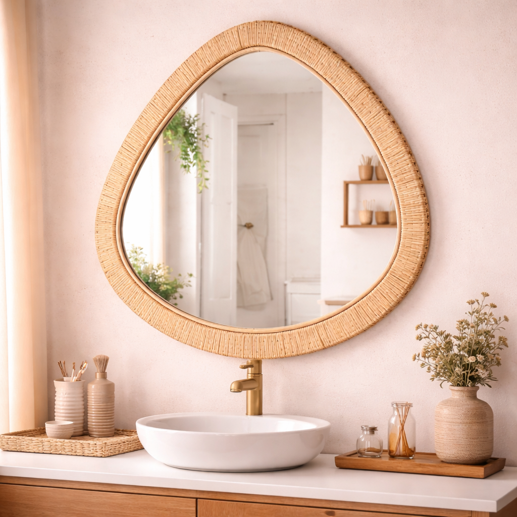 Wood Wall Mirror with Cane Rattan