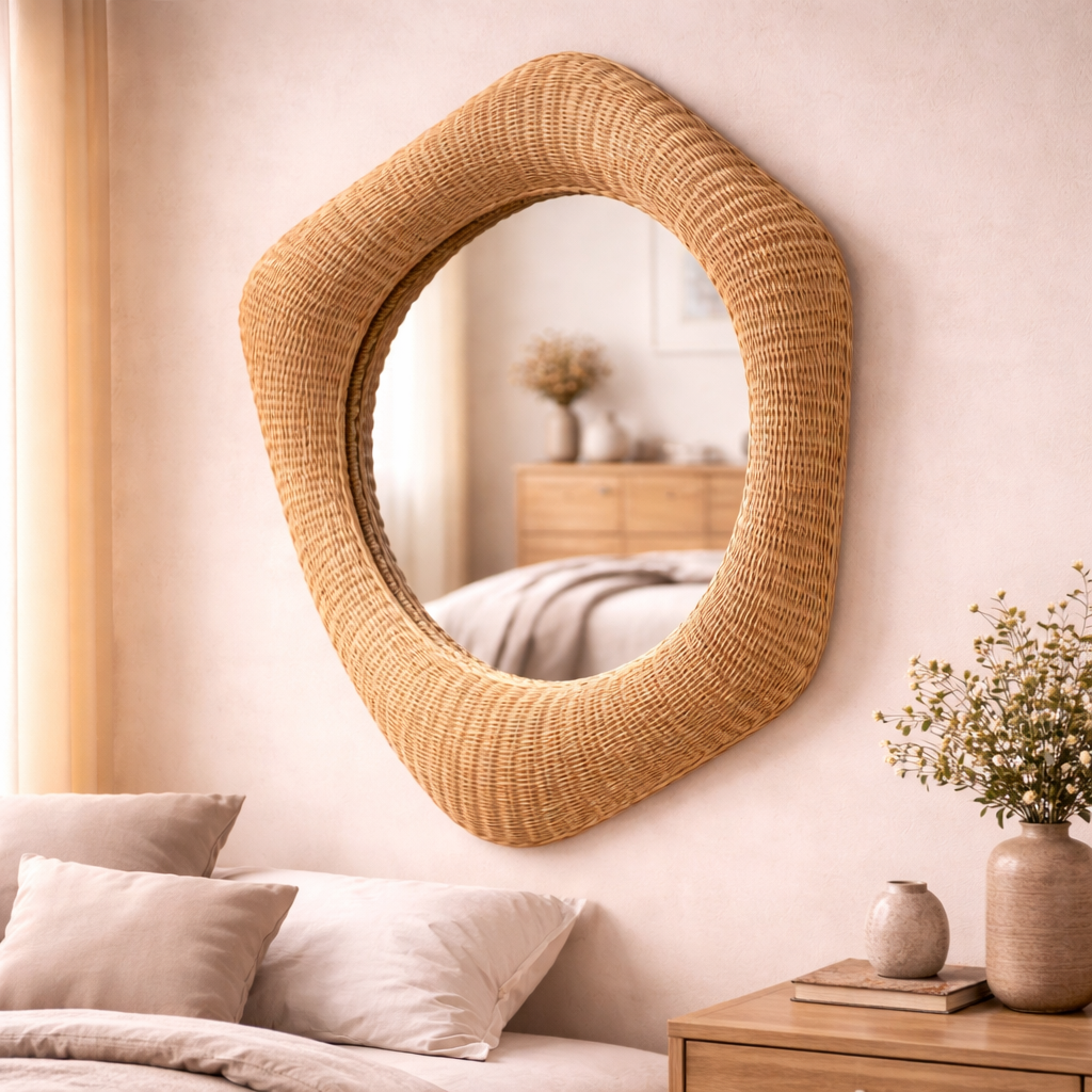 Handcrafted Rattan Wall Mirror for Living Room