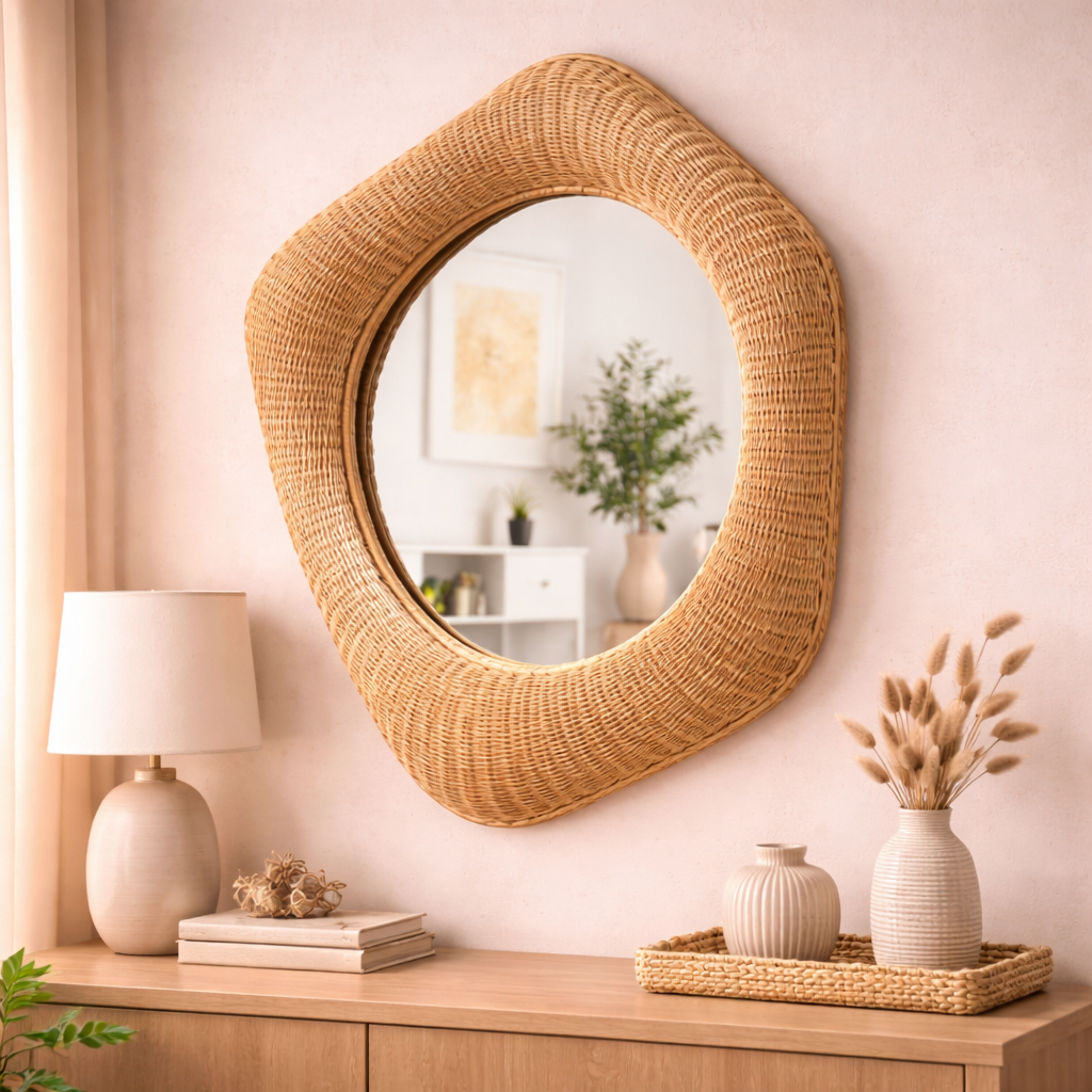 Handcrafted Rattan Wall Mirror for Living Room