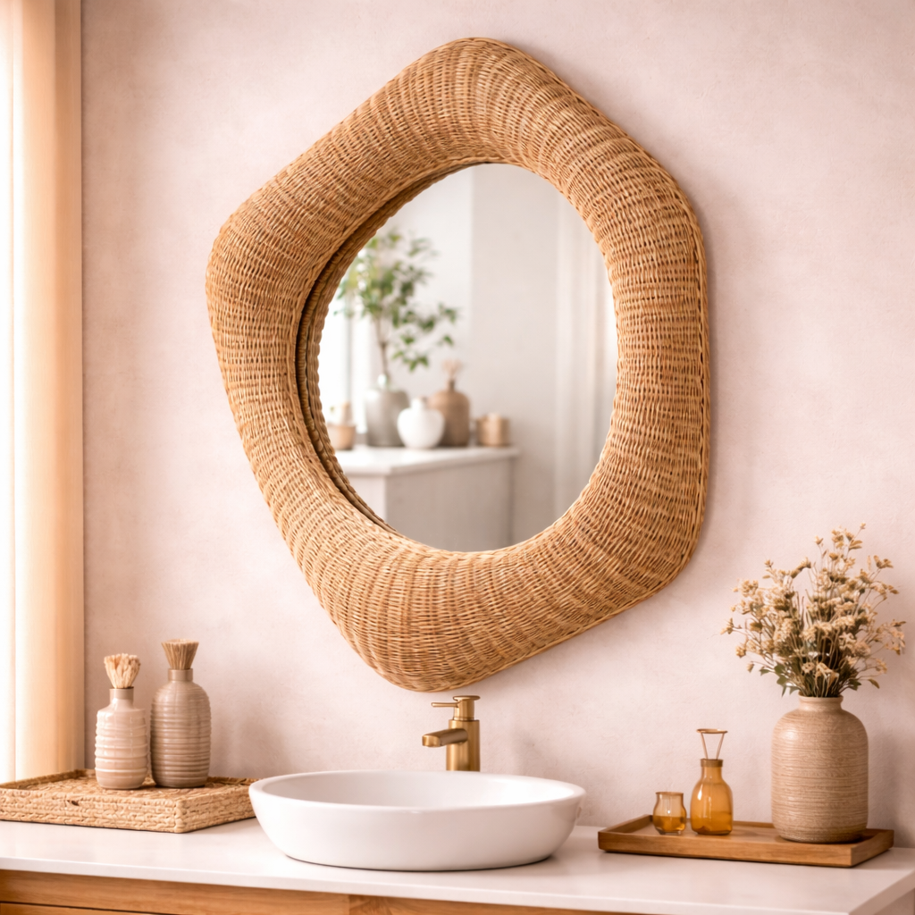 Handcrafted Rattan Wall Mirror for Living Room