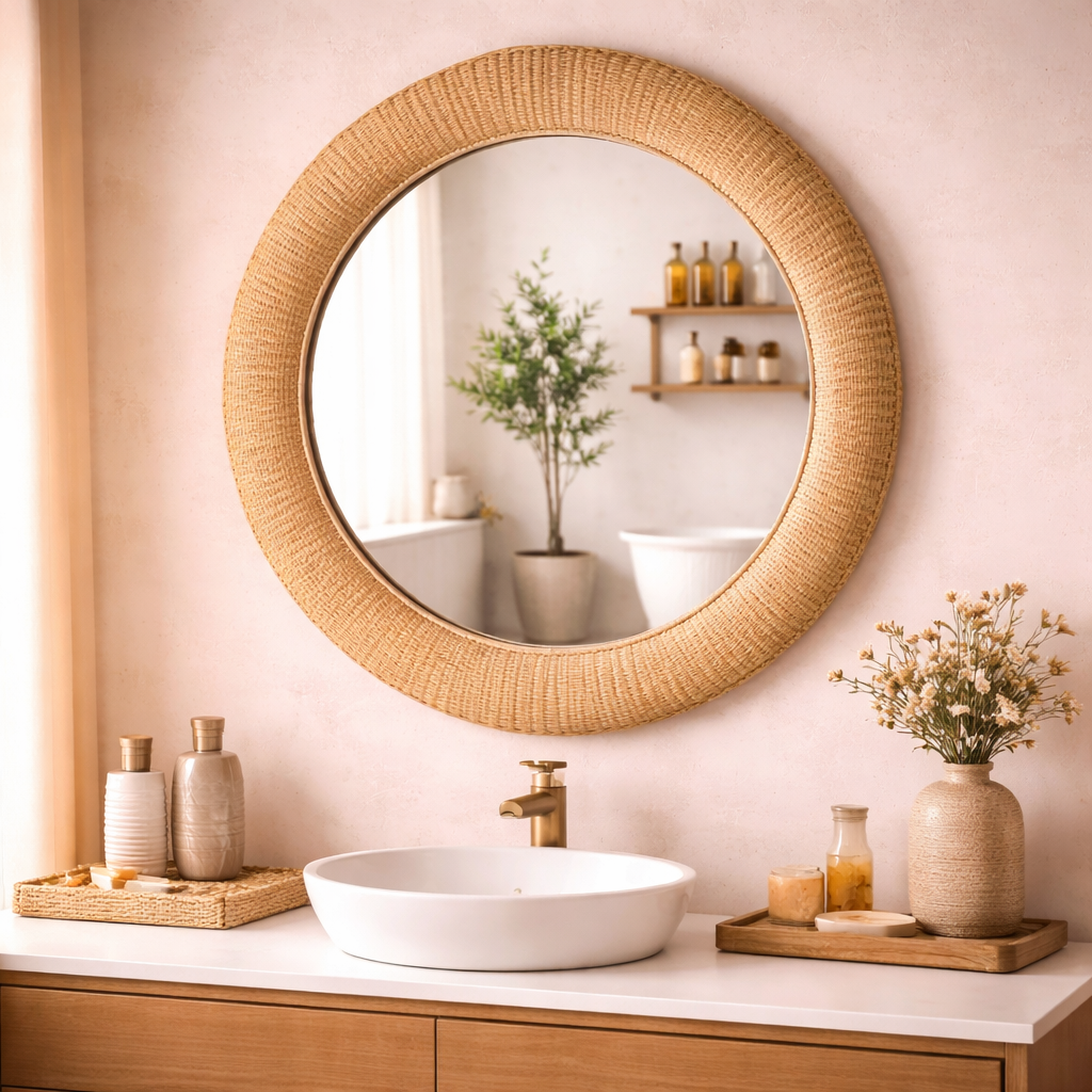 Round Iron Wall Mirror with Cane Rattan