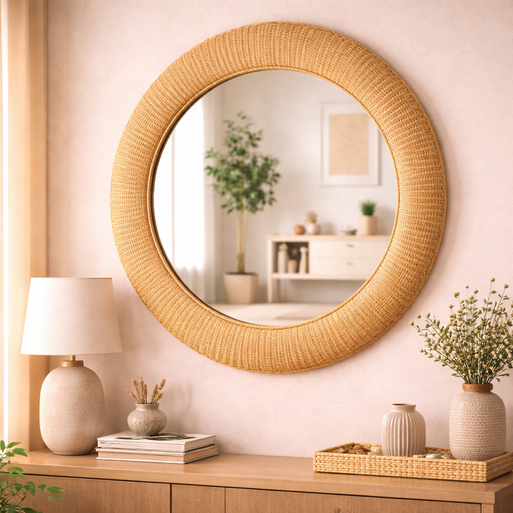 Round Iron Wall Mirror with Cane Rattan