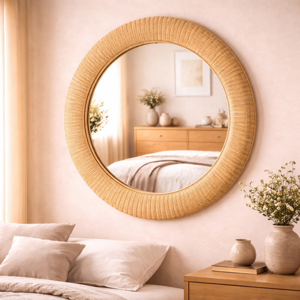 Round Iron Wall Mirror with Cane Rattan