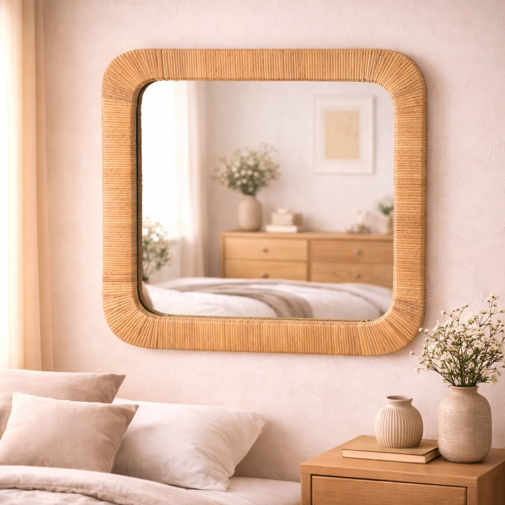 Square Cane Wall Mirror for Boho Home Décor