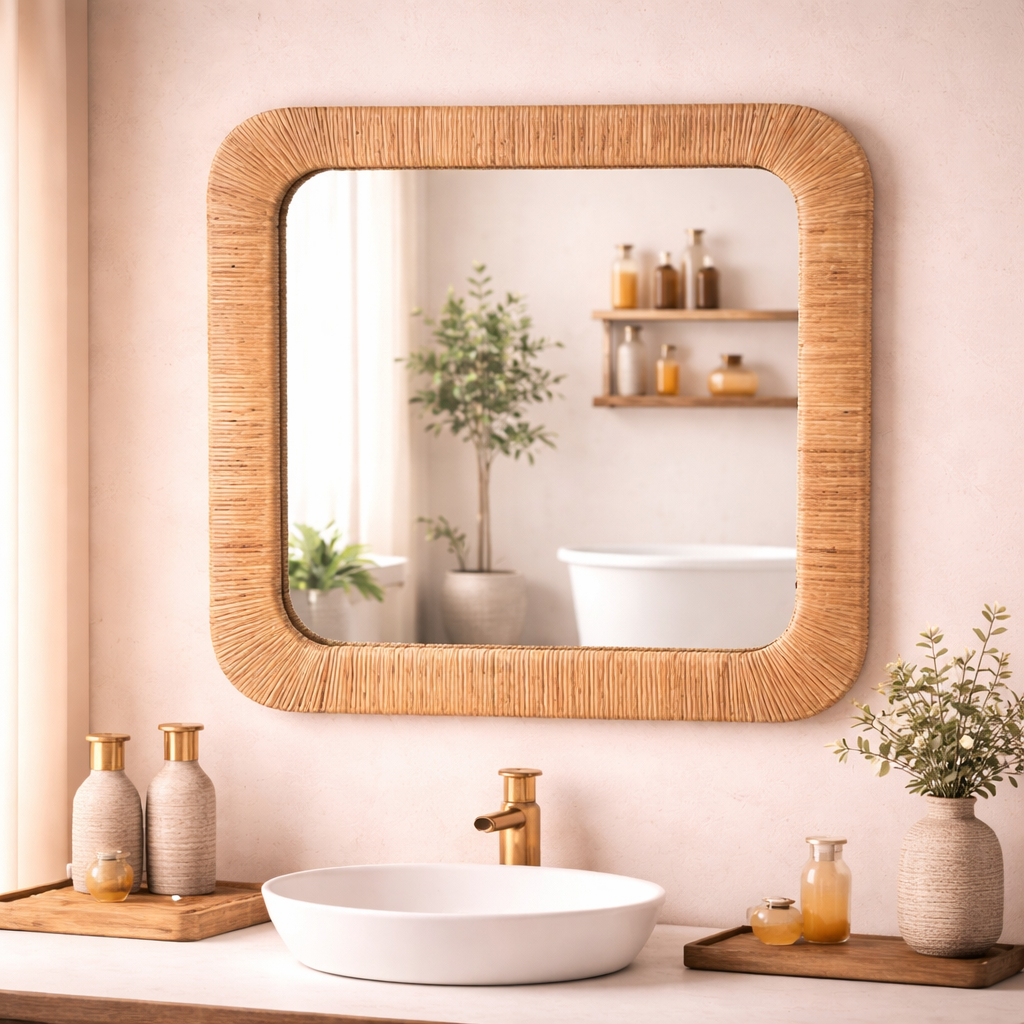 Square Cane Wall Mirror for Boho Home Décor