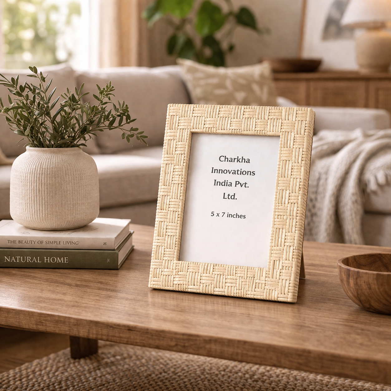 Handcrafted rattan photo frame display