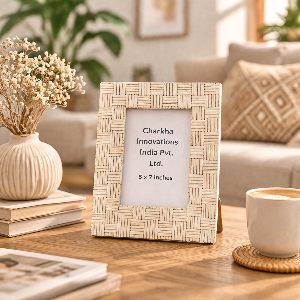 Handcrafted rattan photo frame display