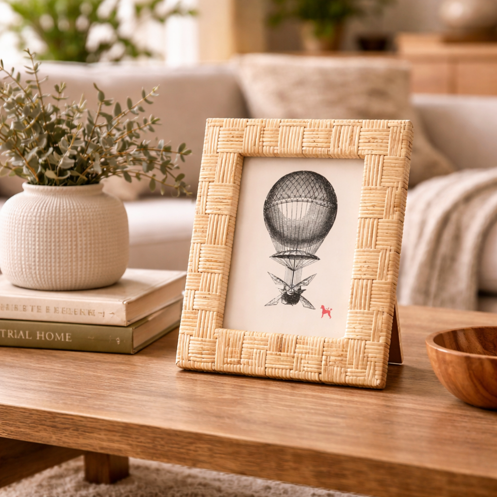 Handcrafted rattan photo frame display