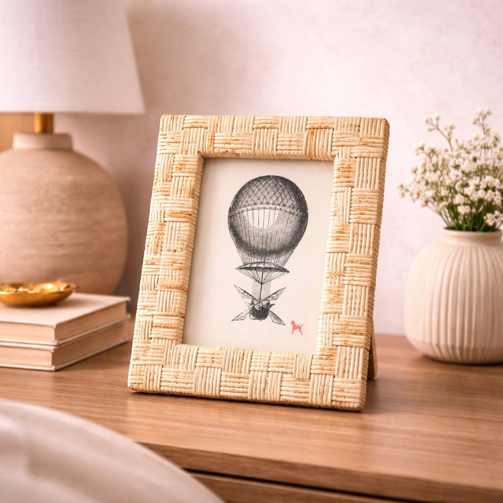 Handcrafted rattan photo frame display