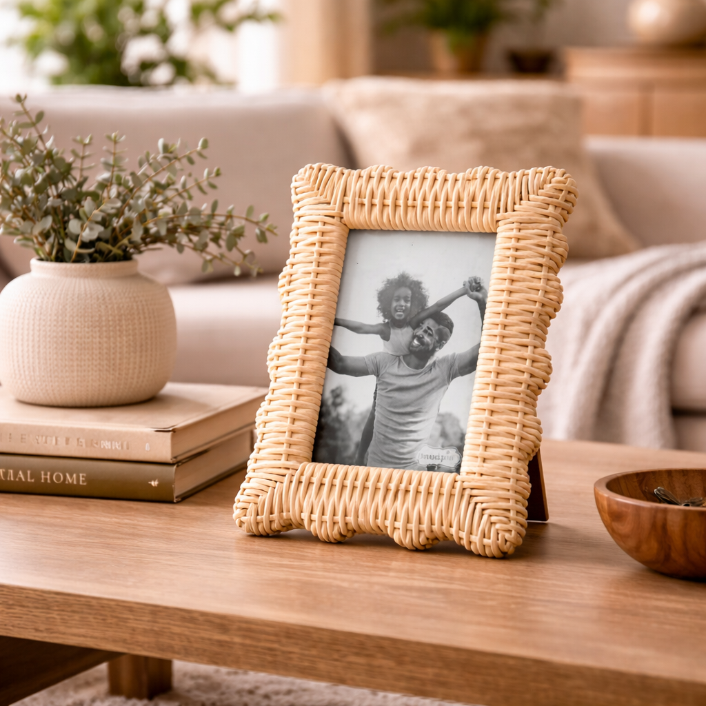 Woven wicker photo frame on wood