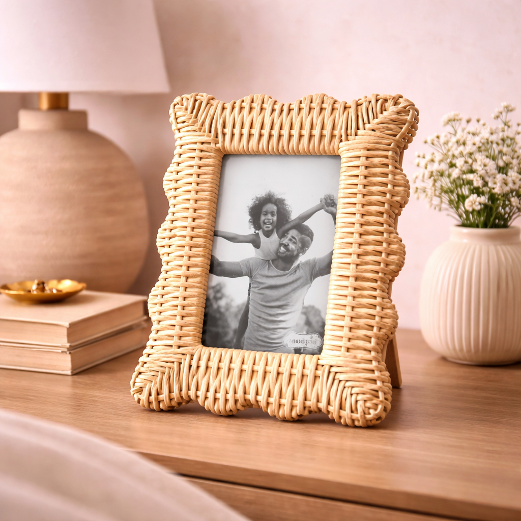 Woven wicker photo frame on wood