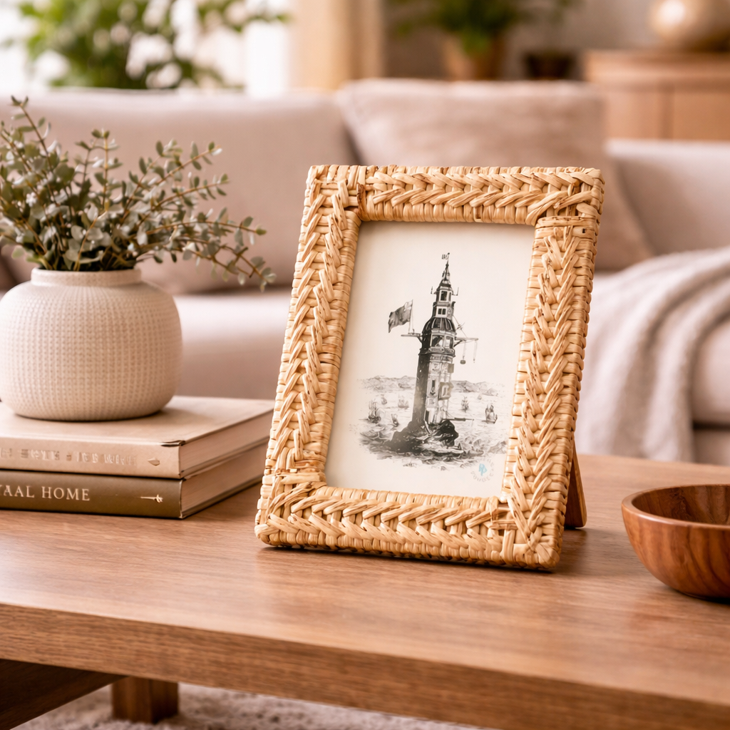 Handcrafted rattan photo frame display