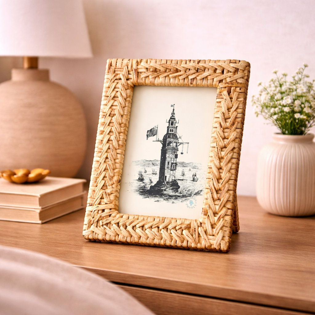 Handcrafted rattan photo frame display