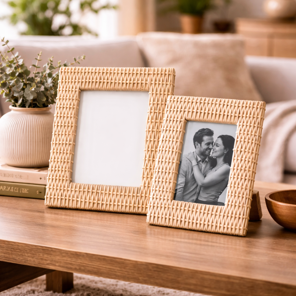 Premium Boho Twin-Pack Rattan Photo Frame Set